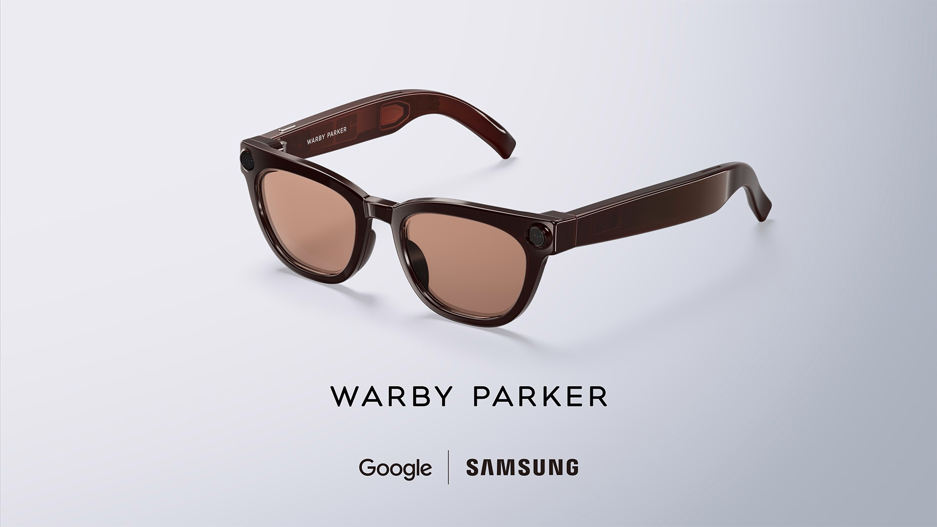 แว่นตาอัจฉริยะ Galaxy Smart Glasses ดีไซน์ Warby Parker กรอบสีน้ำตาลเข้ม เห็นกล้องขนาดเล็กติดตั้งบริเวณขอบเลนส์