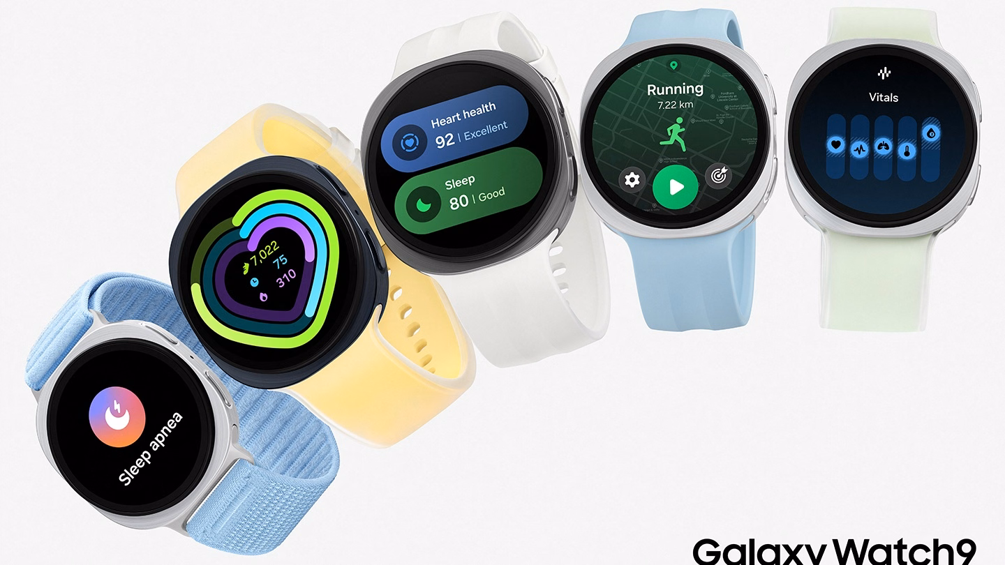 Galaxy Watch9 หลายสีวางเรียงกัน พร้อมหน้าจอแสดงฟีเจอร์สุขภาพ เช่น Sleep apnea และ Heart health