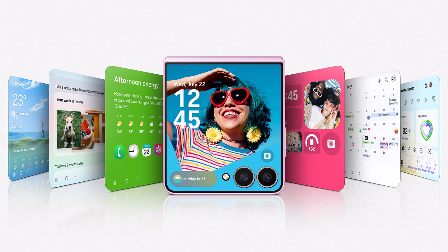 หน้าจอ FlexWindow ของ Galaxy Z Flip8 ที่ออกแบบใหม่ให้เป็นอินเทอร์เฟซ AI เข้าถึงแอปและการแจ้งเตือนได้จากหน้าจอด้านนอก