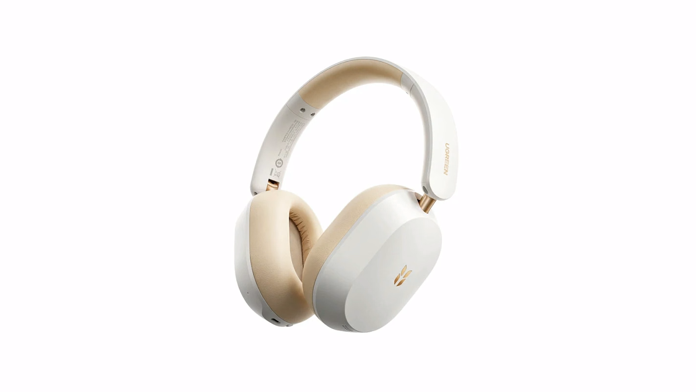 หูฟังครอบหู UGREEN HiTune Max5s สีขาว-ทอง มุมมองด้านข้าง พื้นหลังสีขาว