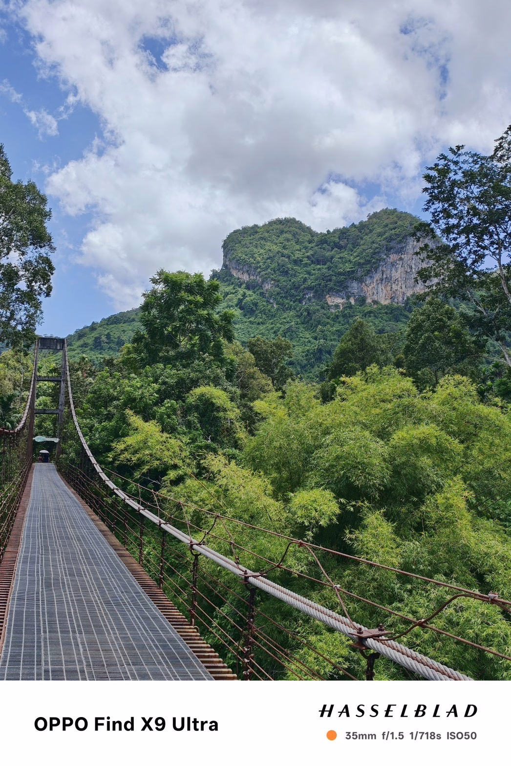 สะพานแขวนท่ามกลางป่าเขียวที่สุราษฎร์ธานี มีเขาเทพพิทักษ์ภูเขารูปหัวใจเป็นฉากหลังใต้ท้องฟ้าที่มีเมฆก้อนใหญ่